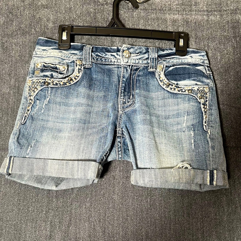 Miss Me Womens Blue Denim Custom Cut Off Cuffed Shorts Size 29 Mid Rise Studded